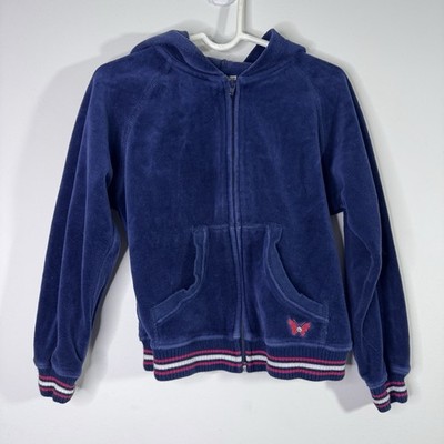 Arizona Girls Vintage Velour Zip Hoodie Blue Butterfly Striped Hem Size 5 M Soft