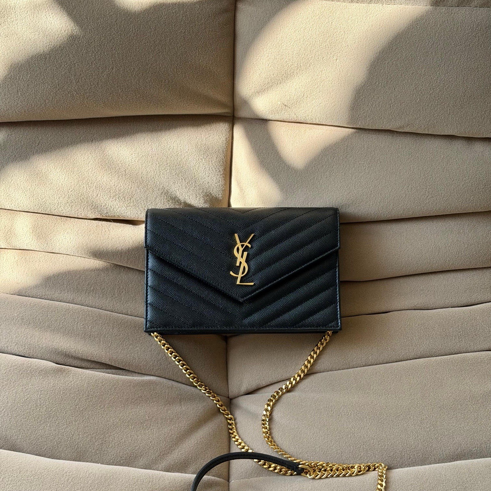 Saint Laurent YSL Small Envelope Wallet on Chain Bag Black with Gold Hardware