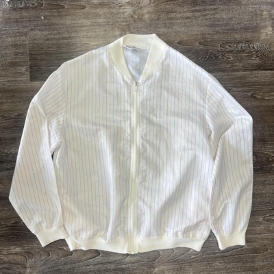 Vintage Pierre Cardin Jacket Mens Large White Pinstripe Satin Bomber Zip Up 80s