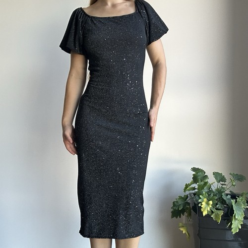 Women's Medium Black Metallic Sparkle Puff Sleeve Midi Bodycon Dress