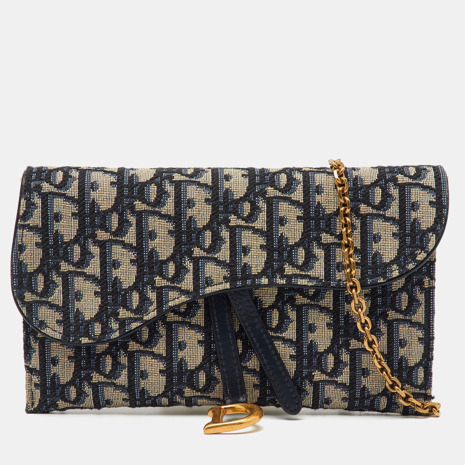 Dior Navy Blue Oblique Canvas Leather Saddle WOC Wallet On Chain