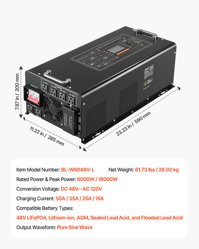 VEVOR 6000W Pure Sine Wave Inverter Charger DC 48V to AC 120V Power Inverter - Picture 7 of 12