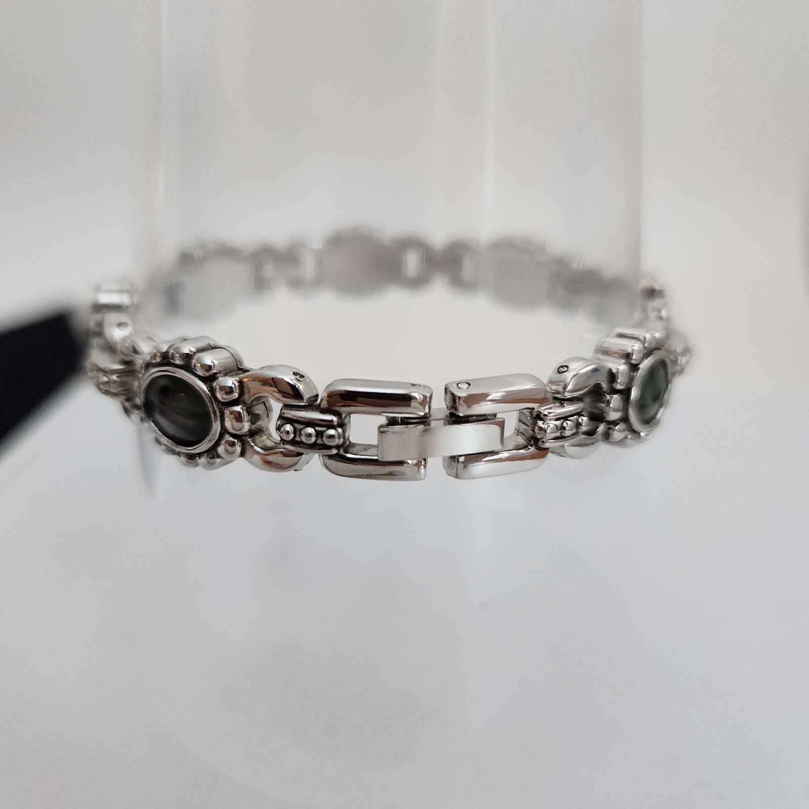 Abalone Shell Oval Link Bracelet Silver Tone 7” D… - image 3