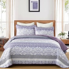 Boho Quilt Set Queen Size, Purple Bohemian Striped Patchwork Bedspread Coverl...