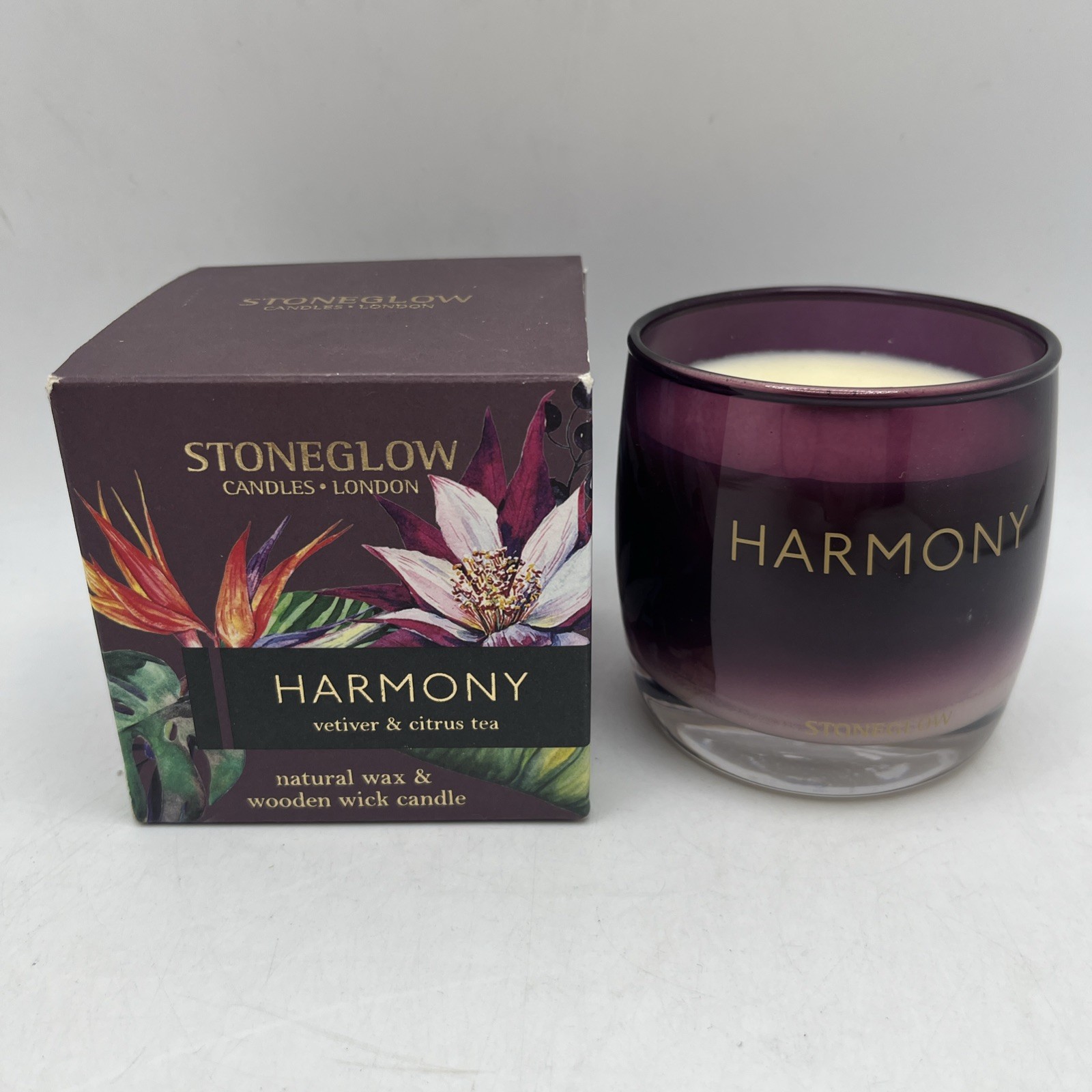 Stoneglow Harmony candle vetiver and citrus tea natural wax  wooden wick candle
