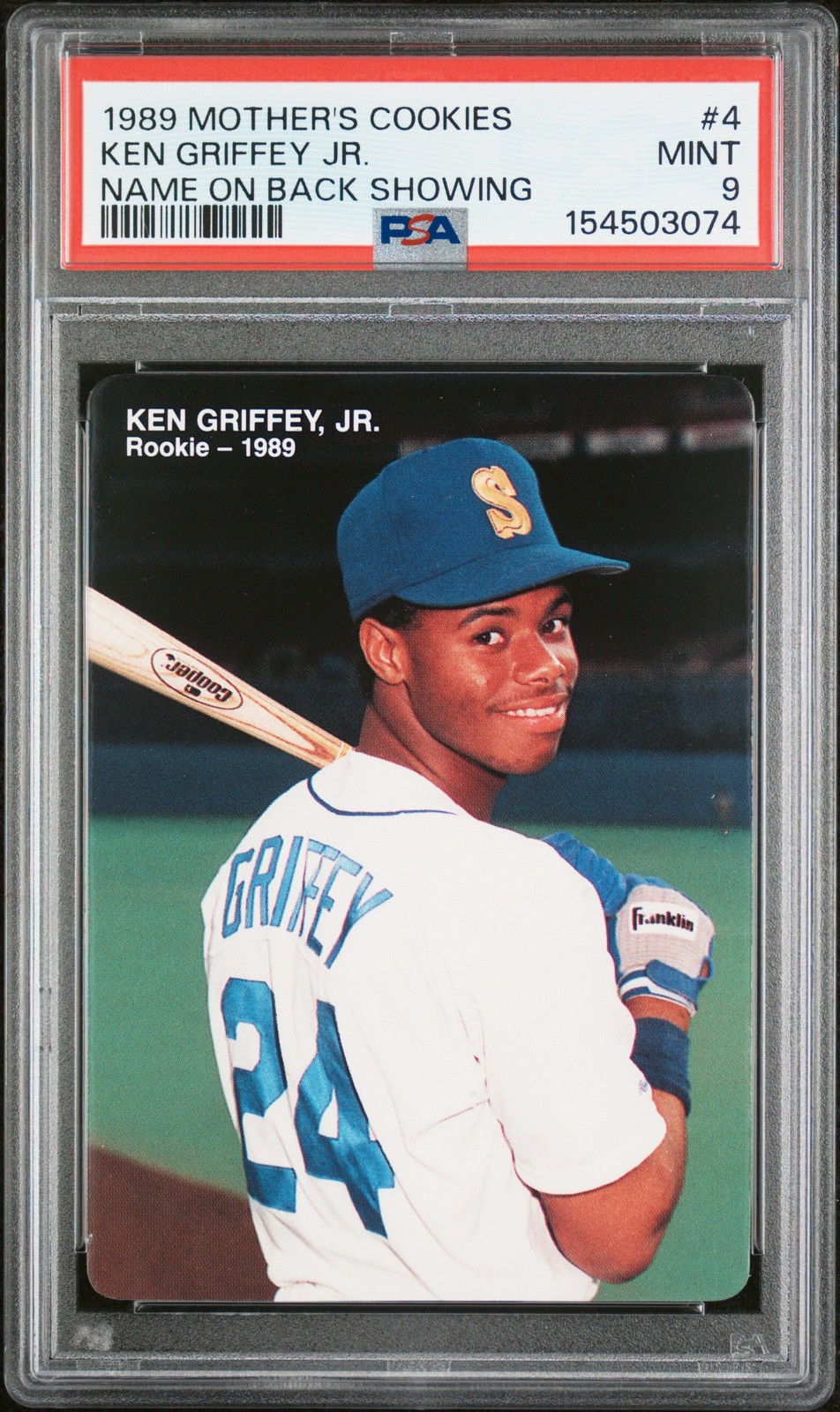1989 MOTHER'S COOKIES KEN GRIFFEY JR. NAME ON BACK SHOWING KEN GRIFFEY JR. PSA 9