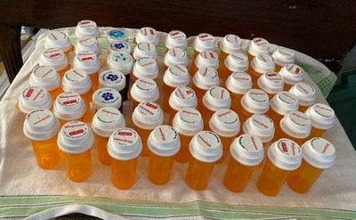 Pill Bottles, Plastic Amber, a Few Blue, Empty, Lot of 50--crafts, storage
