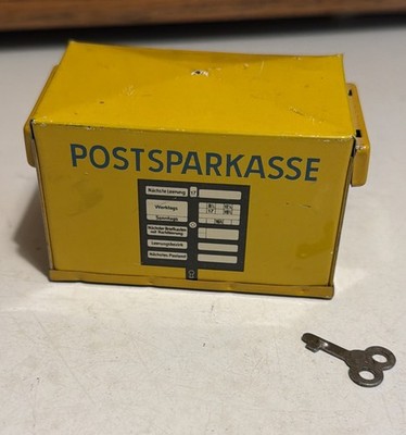 Postsparkasse Tin Litho Coin Piggy Bank Yellow Post Box Toy Austrian With Key!