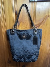 Coach Black Logo Tote Shoulder Bag Zip Closure Silver Hardware Pockets Charm