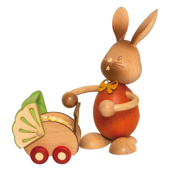 Stupsi Hase Mit Kinderwagen Erzgebirge Holzfigur Osterhase Handarbeit Deko-image