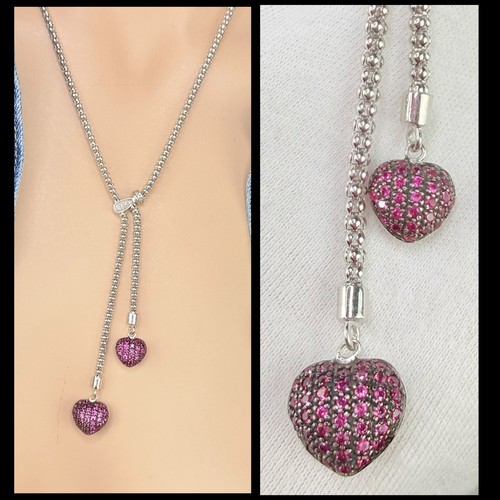 Sterling Silver Lavalier Pink Sapphire or Ruby Heart Diamond Y Drop Necklace - Afbeelding 1 van 23
