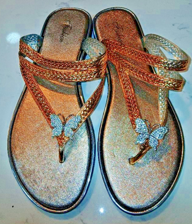 Gold Flip Flops w/Rhinestone Butterfly Accent - Sz 11