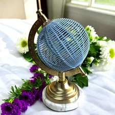 Baby Blue Metal Spinning World Globe 4.25"d w/ Marble Base Gold Frame 7.5"t