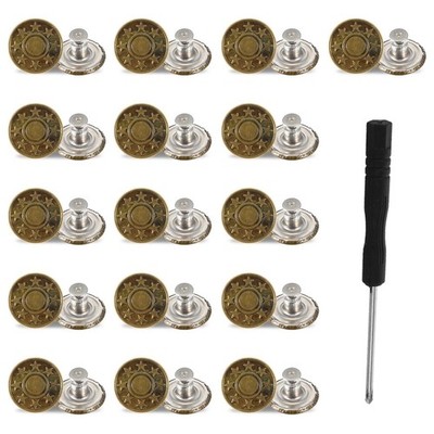 16 Sets Adjustable Jeans Buttons 20mm No Sew Metal Replacement Kit Tool DIY Kits
