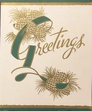 Vtg Christmas Greeting Card Golden Pine Cones Greetings Word Art Best Wishes