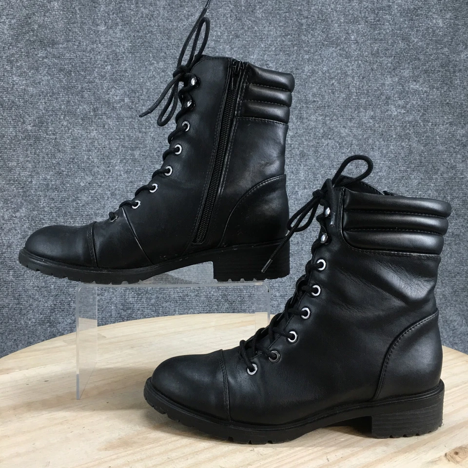 Zapatos Express para mujer 8 Combat media pantorrilla cuero negro punta redonda cubano con cordones Foto 2 de 4