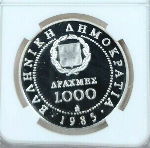 1985 GREECE SILVER 1000 DRACHMES DECADE FOR WOMEN NGC PF 68 ULTRA CAMEO SCARCE - Picture 2 of 4