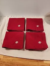 Set of 4 Red Napkins 12"x12" POTTERY BARN KIDS Embroidered White Snowflake Linen