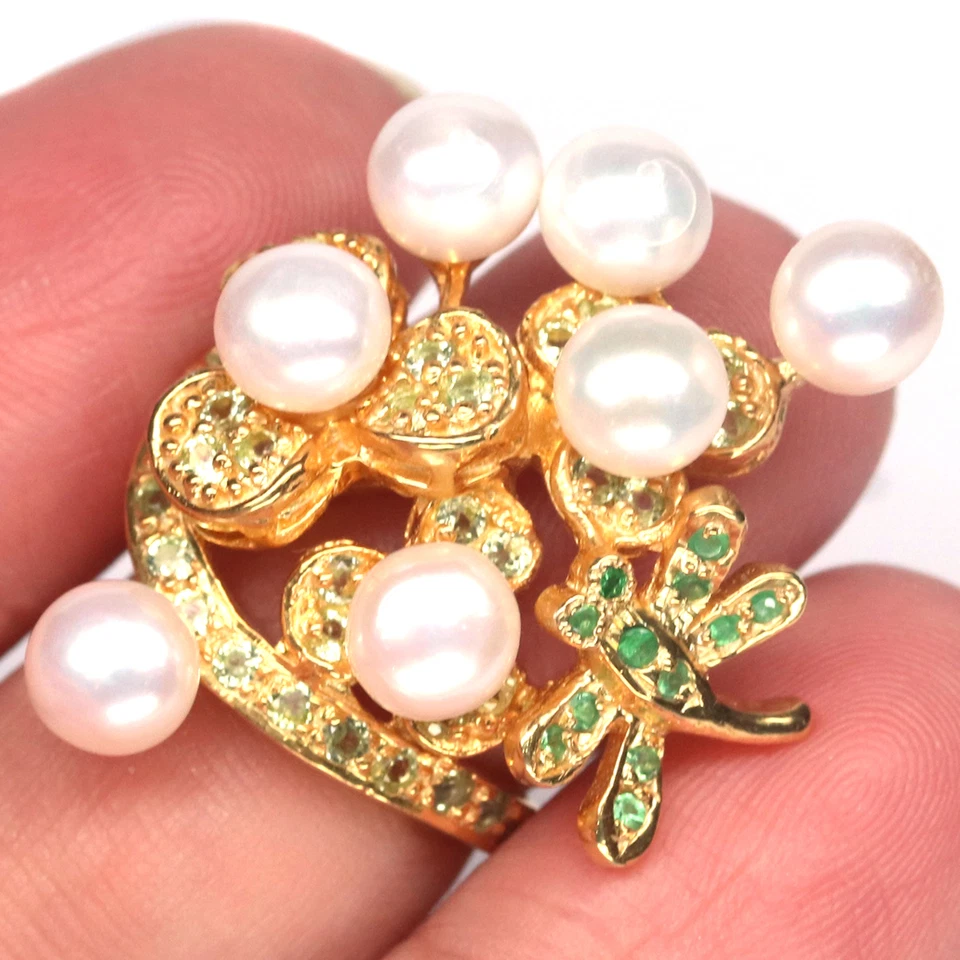 Edelstein 6 Mm. Weiße Perle, Peridot & Tsavorit Ring 925 Sterlingsilber Größe 4 - Bild 2 von 4