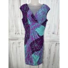 LAUREN RALPH LAUREN TEAL BLUE PURPLE SLEEVELESS RUCHED STRETCH JERSEY DRESS 10