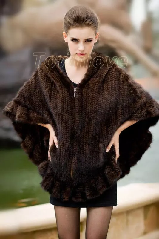 100% Real Knitted Mink Fur Poncho Hooded Stole Cape Scarf Shawl Fur Coat Classic