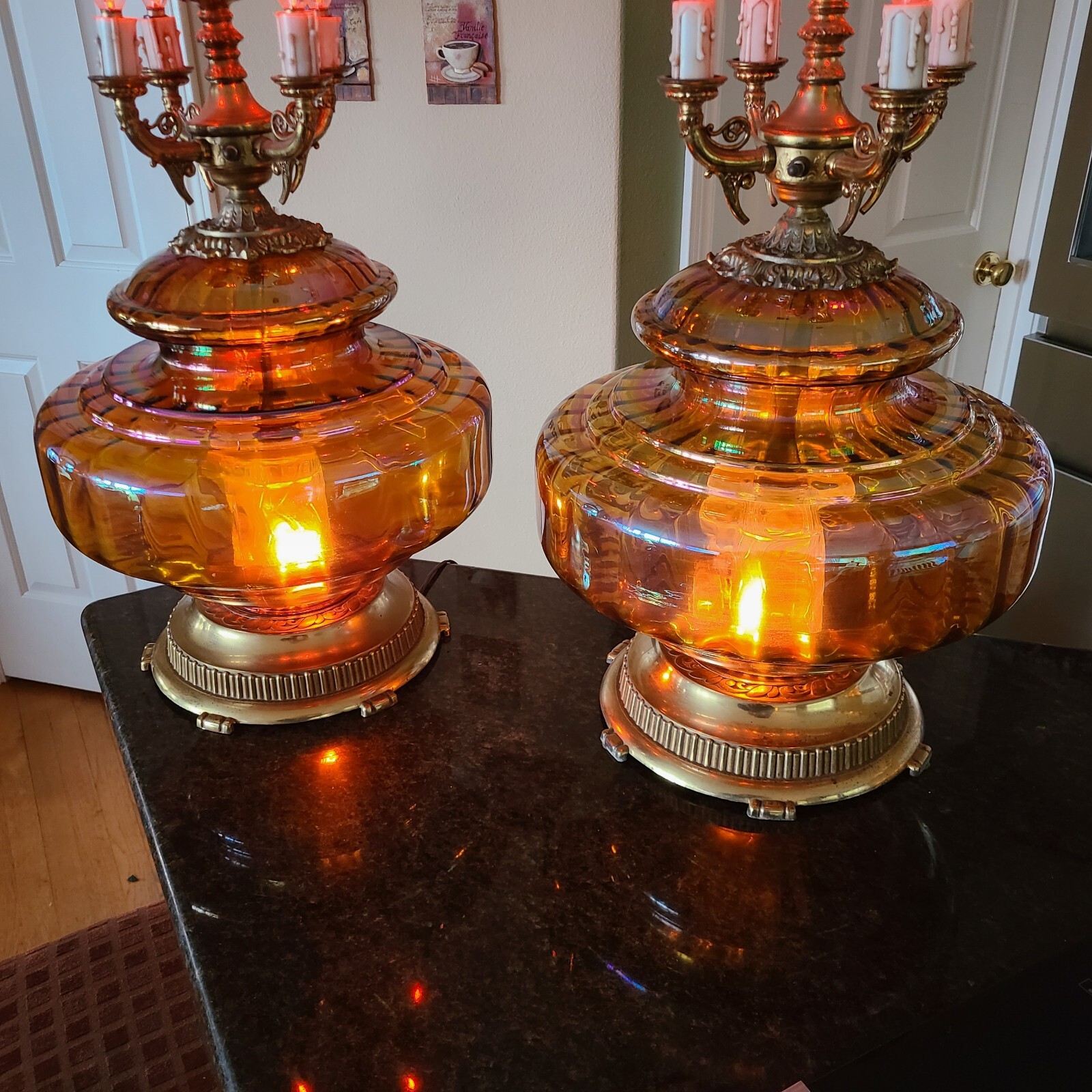 Mid Century Modern Hollywood Regency Iridescent Amber Glass Table Lamps PAIR XL