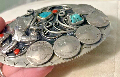 Vinatge Native Silver Nickle Ram & Buffalo Nickels, Turquoise & Coral Buckle - Picture 4 of 19