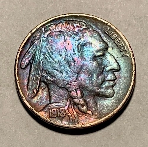 🌈 1918 Buffalo Nickel – Rainbow Toned – AU Details - C00228