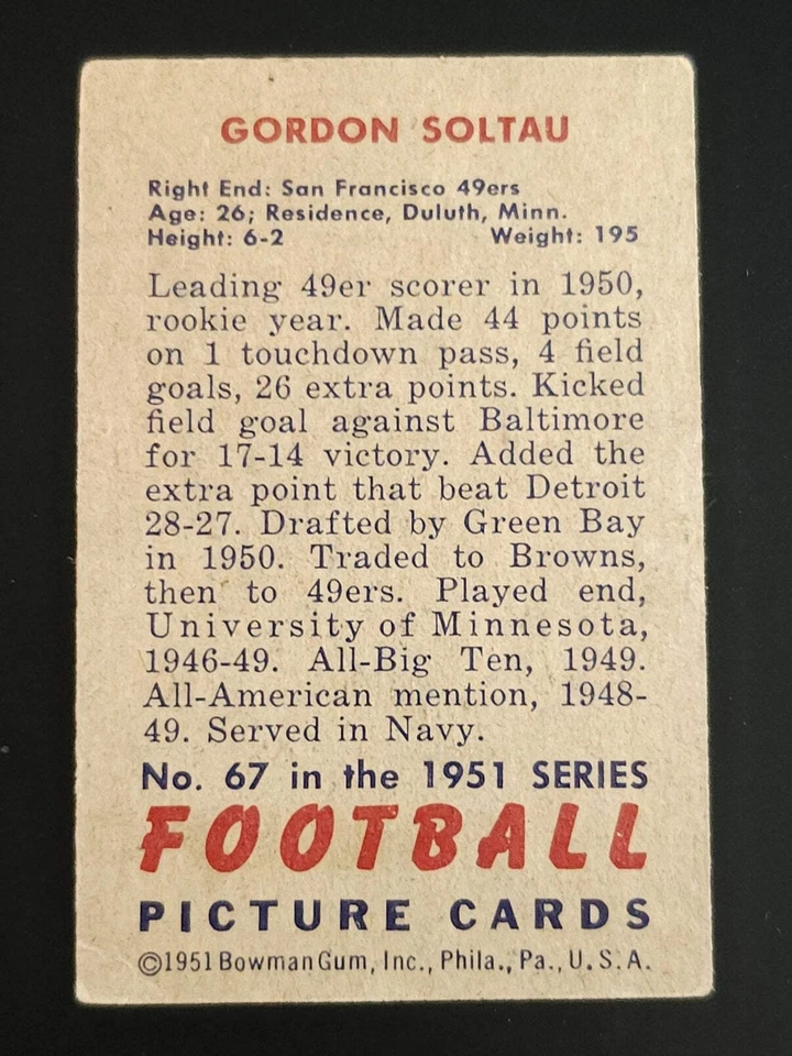 Gordon Soltau 1951 Bowman #67 49ers - Image 2 of 2
