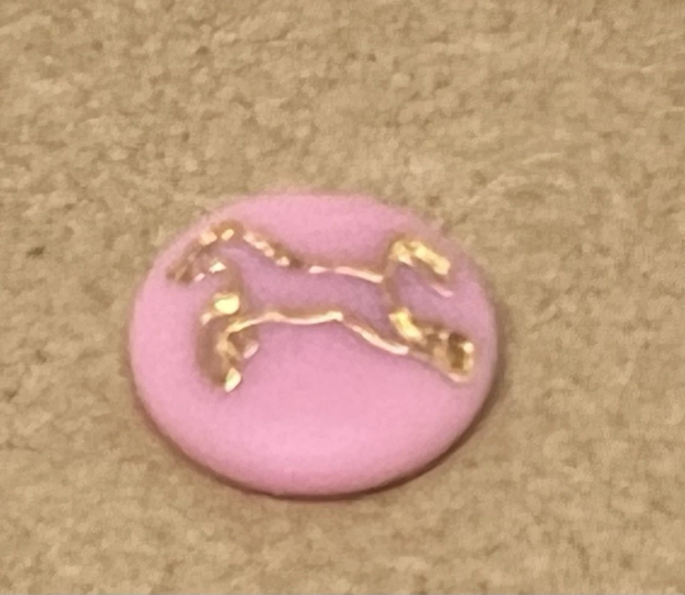 Vintage  Kiddie HP Pink Glass w Incised HP  Metallic Gold HORSE Button 1/2” - Image 2 of 4