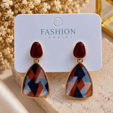 Multicolor Geometric Teardrop Dangle Earrings Gold Tone Metal No Stone Lobe