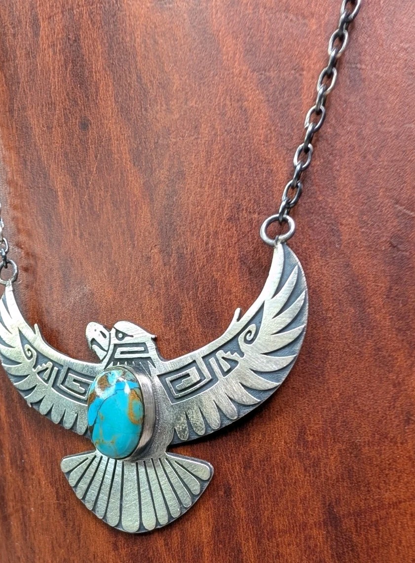 Sterling Silver Turquoise Eagle Necklace Open Win… - image 4