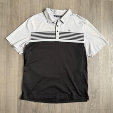 Travis Mathew Polo Shirt Mens XL Black Gray Stripe Colorblock Golf Stain 