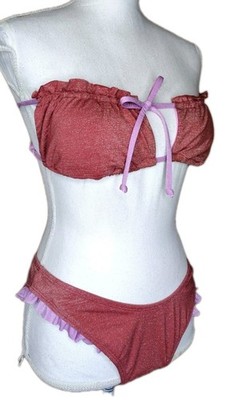  NWT No Boundaries Junior's 2 Piece Ruffle Bikini Swimsuit Large Rust & Pink Set