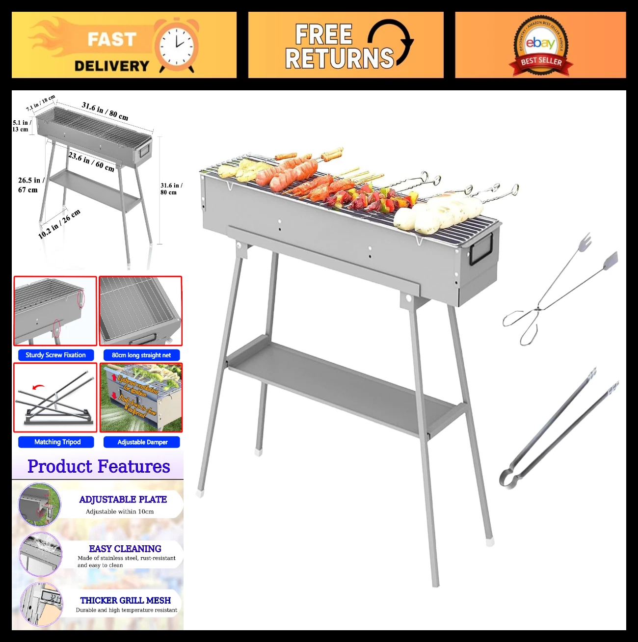 Portable Charcoal Grill with Foldable Stand, Adjustable Vents & Kebab Skewers -
Opens in a new windo
