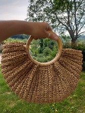 Crochet Raffia Bag with Wooden Handles