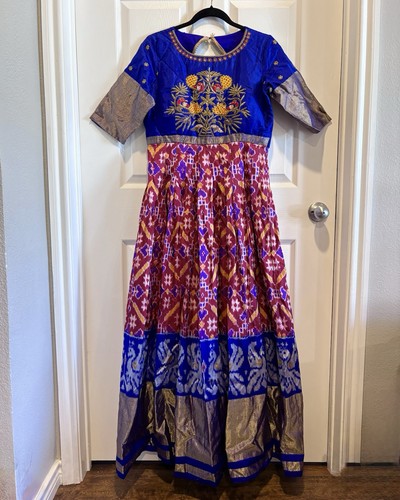 Indian Pochampally Ikat Frock Gown Dress Traditional Festive Beaded Embroidered