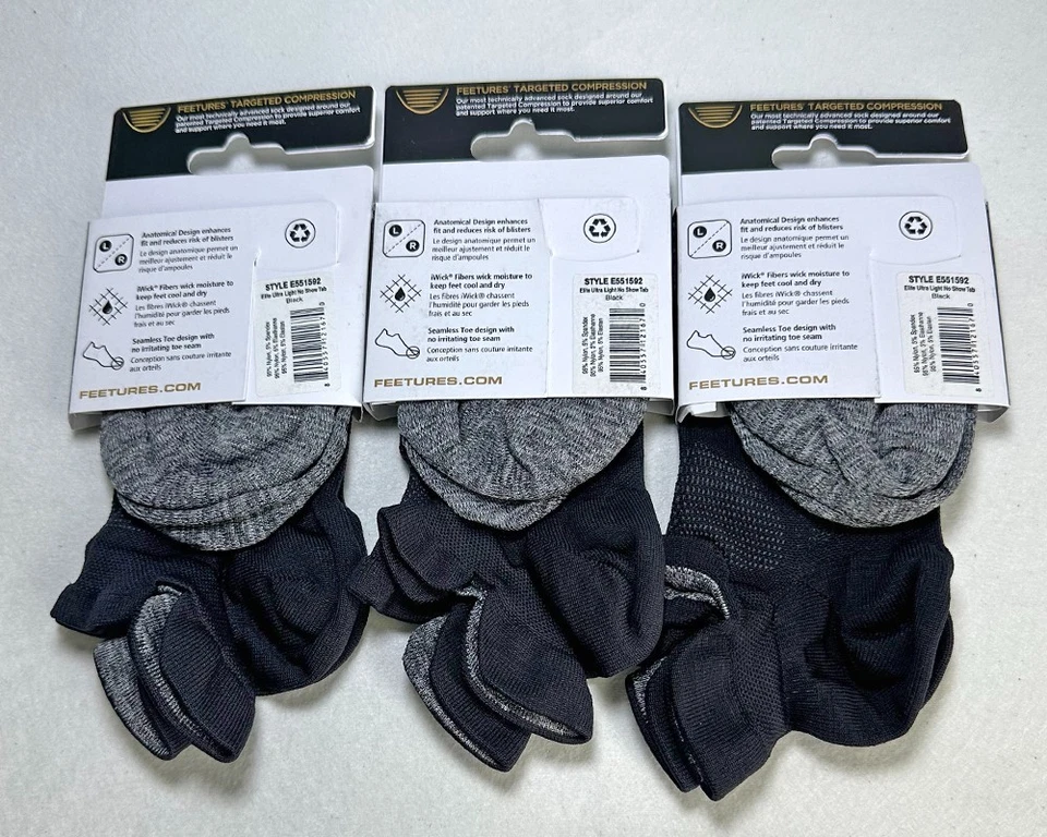 3 pares de calcetines para hombre Elite Athletic No Show Tab negros ultra ligeros talla M pies Foto 3 de 4