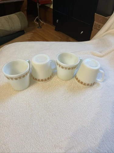 Pyrex Vintage Butterfly Gold Mugs White Milk Glass, Set of 4 D Handle