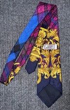 Vintage 90s Gianni Versace Tie Mens Rare Baroque Plaid Silk Multicolor Italy