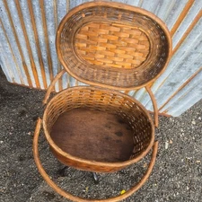 Vintage Cane Rattan Woven Picnic Basket Hinged Lid & Swing Handles Farm House C1