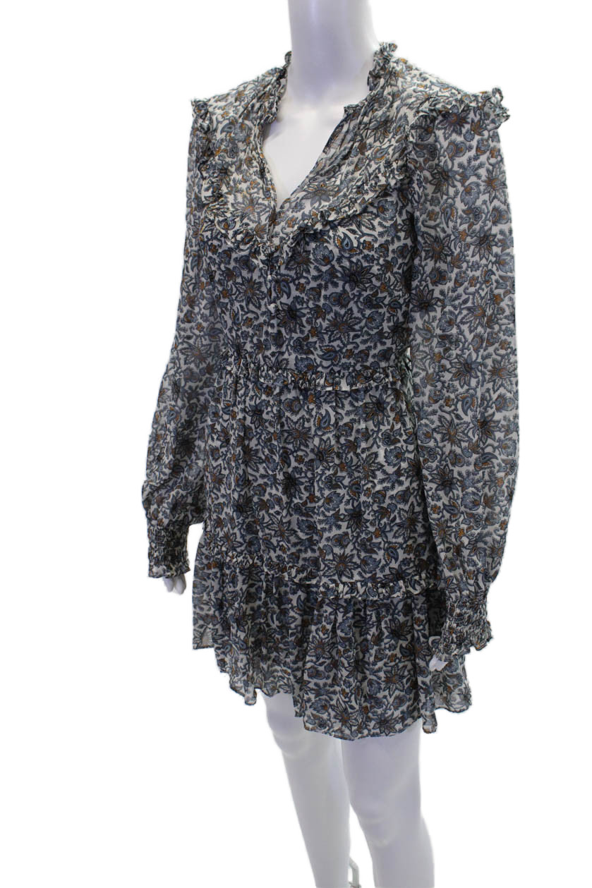 Veronica Beard Womens Long Sleeve V Neck Floral Silk Dress White Blue Size 2