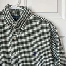 Vintage Ralph Lauren Men Size L Button Down Shirt Gingham Green Cream 90s Cotton