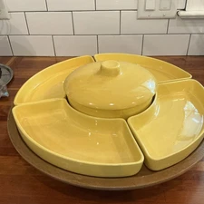 VINTAGE MCM YELLOW 5-SECTION ROUND TRAY SNACK DIP SET