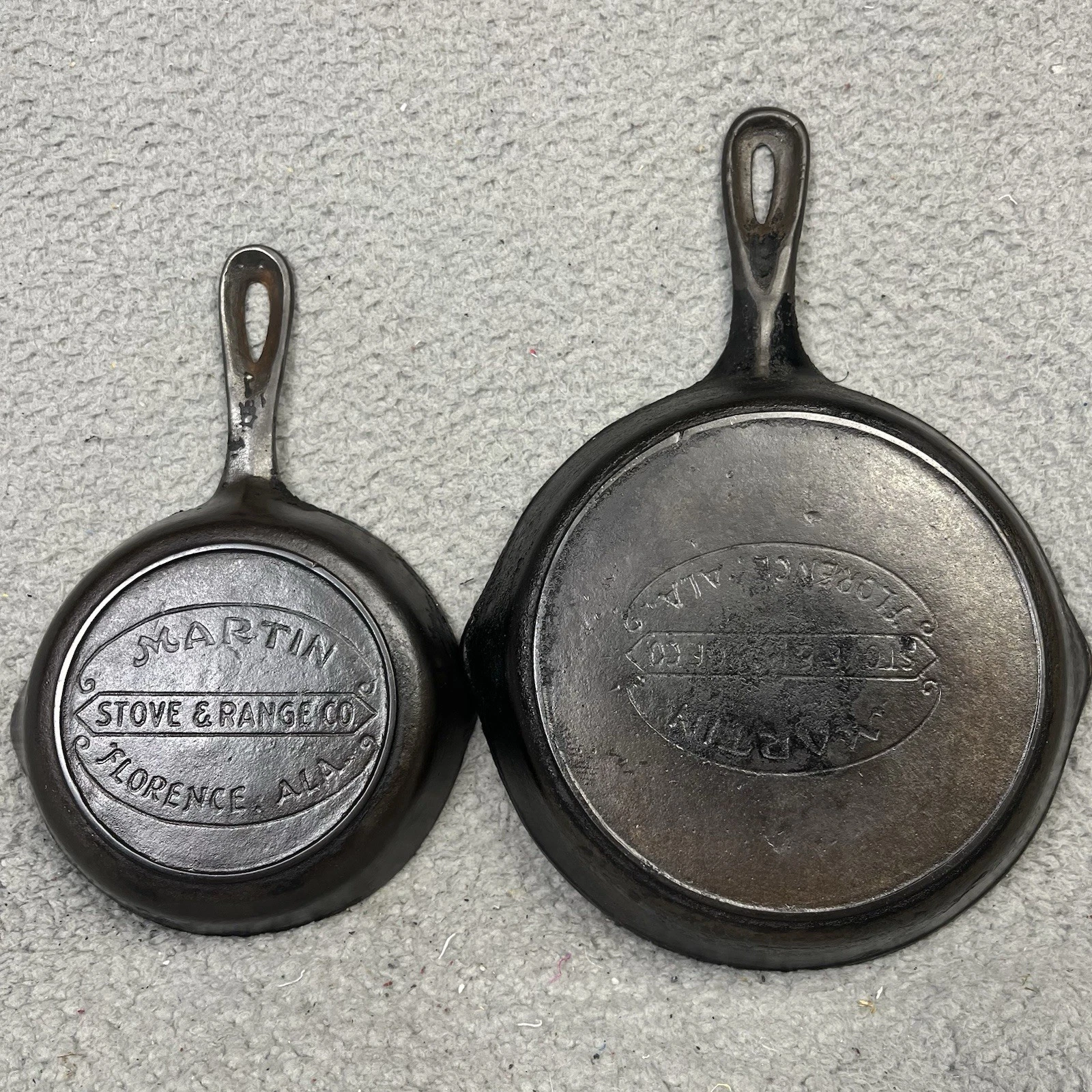 VTG MARTIN STOVE & RANGE CO CAST IRON SKILLET  &  SKILLET HAMBURGER LOGO