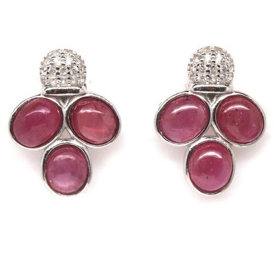 925 Sterling Silver 5 x 6 mm. Pink Ruby & White Zircon Earrings