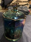 Vintage Blue Iridescent Carnival Glass by Indiana Glass Tall Candy Dish w Lid — photo 1