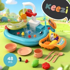 Keezi Kids Pretend Play Kitchen Sink with Faucet Floating Fishing Toys Play food