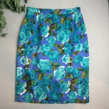Vintage Size 12 Fits Modern 6 100 Silk Skirt Floral Blue Teal Roses Knee EXC