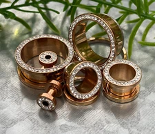 PAIR White Rimmed Gem Rose Gold PVD Plated Tunnels Plugs Earlets Gauges